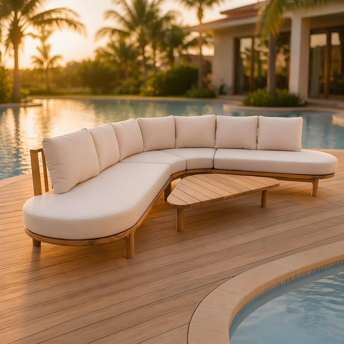 5 Piece Patio Outdoor Furniture Set, All Weather 118" Half Moon Sectional Sofa with Acacia Wood Frame & Waterproof Cushions,1 Coffee Table for Garden,Lawn,Backyard,Poolside,Beige+Light Teak