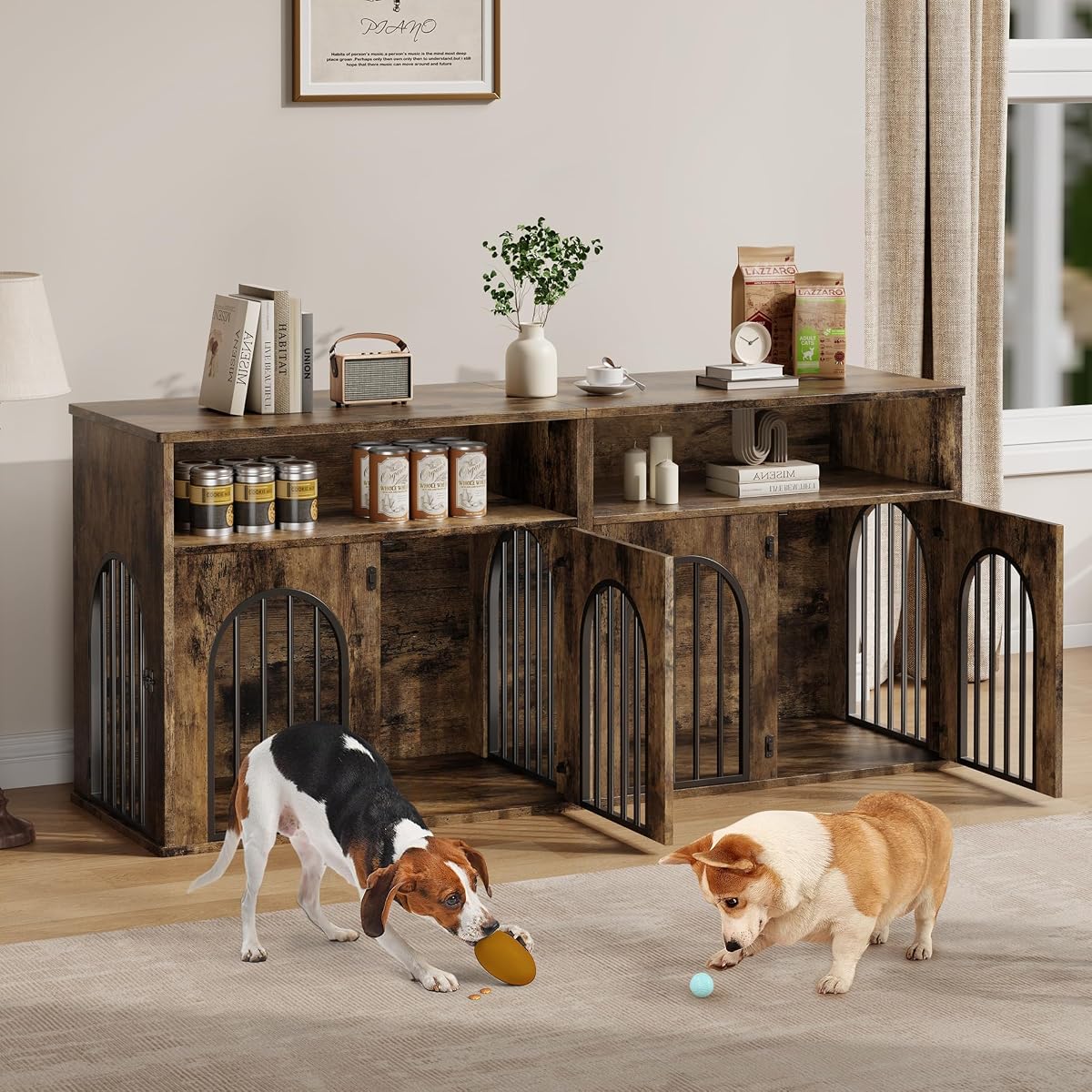 78.7" Double Dog Crate Furniture, Dog Kennel with Storage, Brown