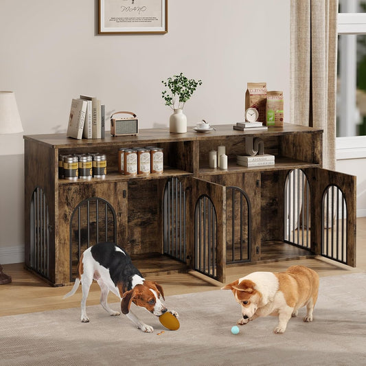 78.7" Double Dog Crate Furniture, Dog Kennel with Storage, Brown