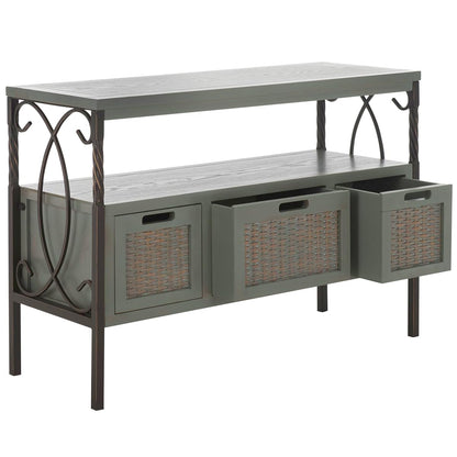 SAFAVIEH Home Collection – Joshua Ash Grey 3-Drawer Console Table with Shelf, Wicker Front Storage Drawers, Farmhouse-Inspired Accent Console for Entryway or Living Room (AMH6532B)