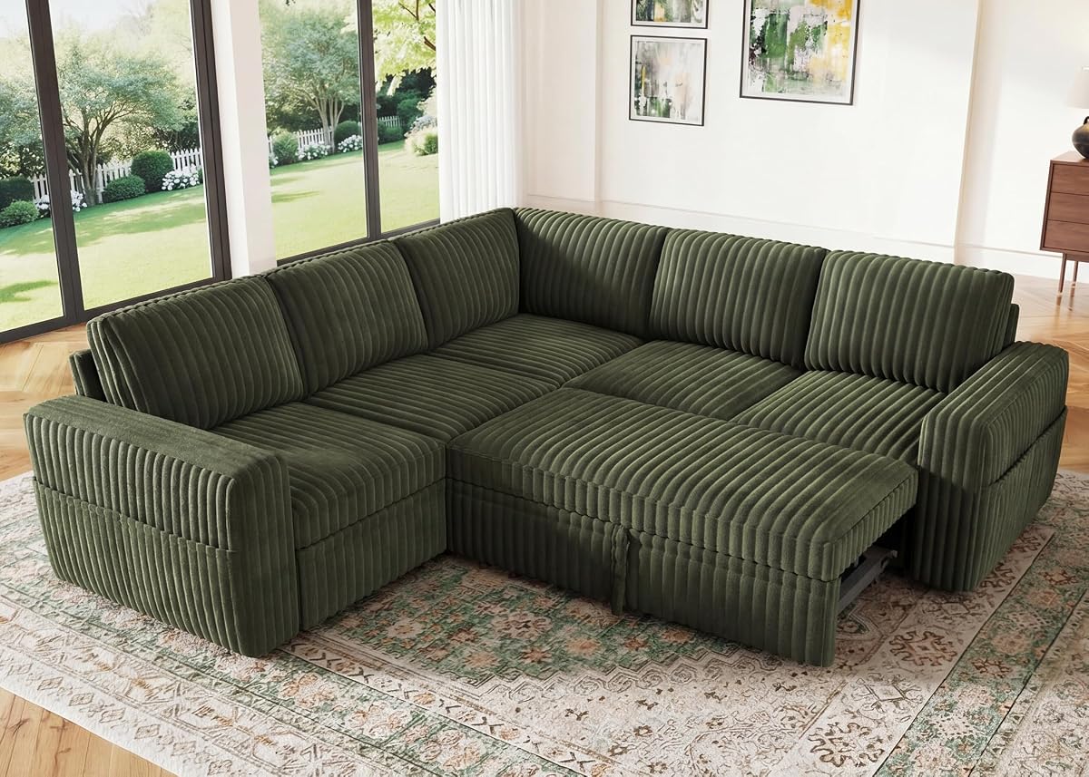 Modular Sectional Sleeper Sofa with Pull Out Bed,Corduroy L Shaped Couch with Storage, Sectional Couches for Living Room,Green