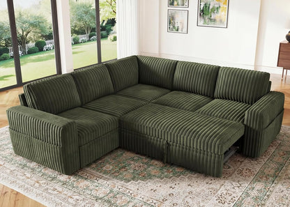 Modular Sectional Sleeper Sofa with Pull Out Bed,Corduroy L Shaped Couch with Storage, Sectional Couches for Living Room,Green