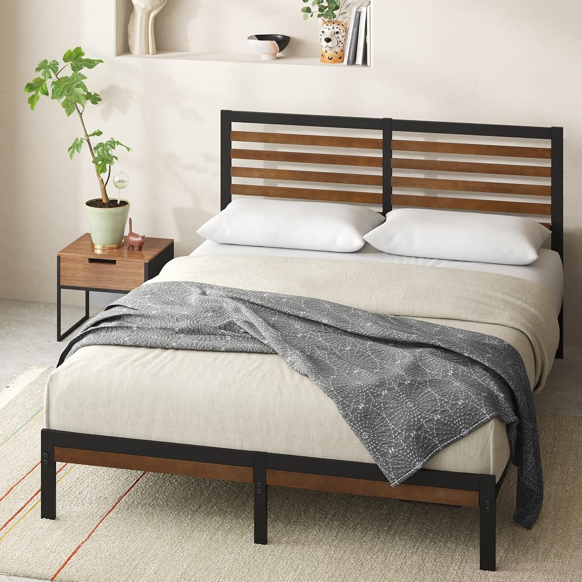 Zinus Kai Bamboo and Metal Platform Bed Frame with Headboard, Brown, Full
