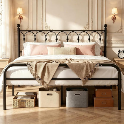 12 Inch King Metal Bed Frame with Victorian Headboard