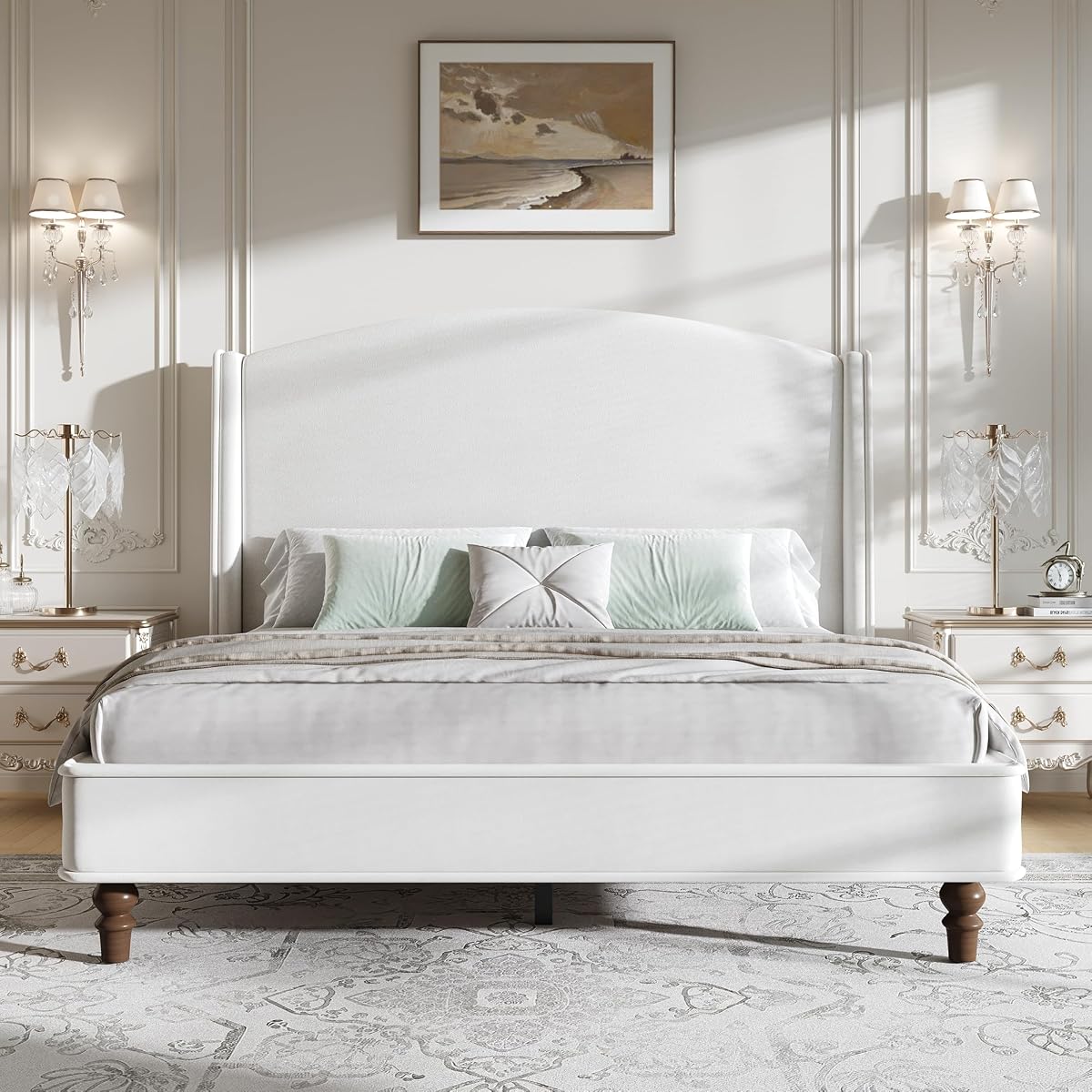 Queen Bed Frame, 52" Elegant Wingback Headboard, Beige