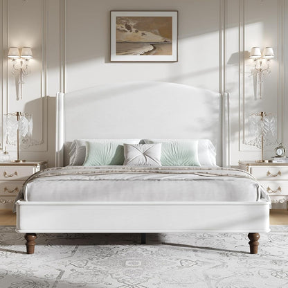 Queen Bed Frame, 52" Elegant Wingback Headboard, Beige