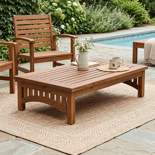 Natural slatted acacia wood mid century outdoor coffee table