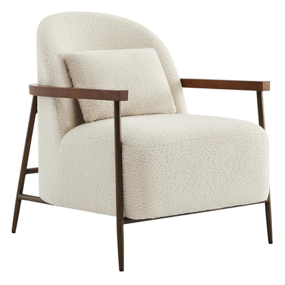 CHITA Accent Chair for Living Room, FSC Certified Modern Upholstered Faux Sherpa Fabric Armchair with Metal Frame and Wooden Armrests, Ivory