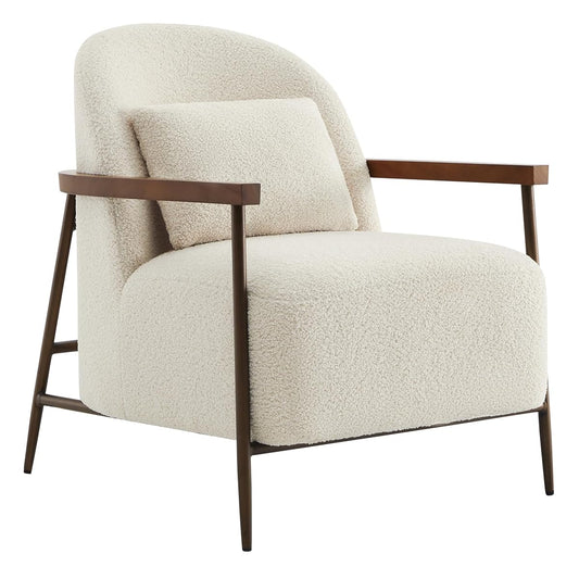 CHITA Accent Chair for Living Room, FSC Certified Modern Upholstered Faux Sherpa Fabric Armchair with Metal Frame and Wooden Armrests, Ivory