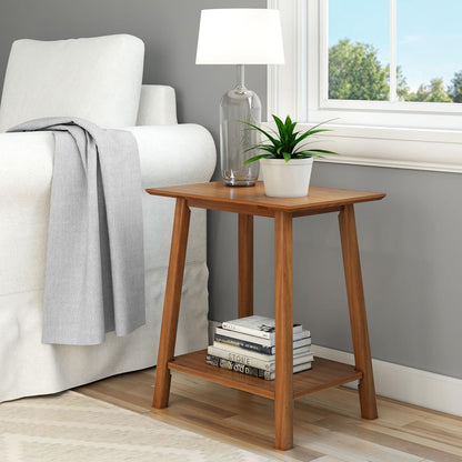 Wooden Side Table with Storage, Mid Century Modern End Tables for Living Room, Small Solid Wood Nightstand, Bedside Tables, Bedroom Furniture, Pecan