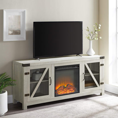 Farmhouse Barn Door Wood and Glass Fireplace TV Stand for TV's up to 64" Flat Screen Living Room Storage Cabinet Doors and Shelves Entertainment Center, 58 Inch, Stone Grey