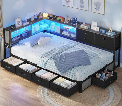 Corner Bed Frame with Charging Station & Led Lights, Twin Bed Frame with 8 Storage Drawers & Bookcase, Twin Daybed with Storage Headboard for Kids Guests, Black & Gray
