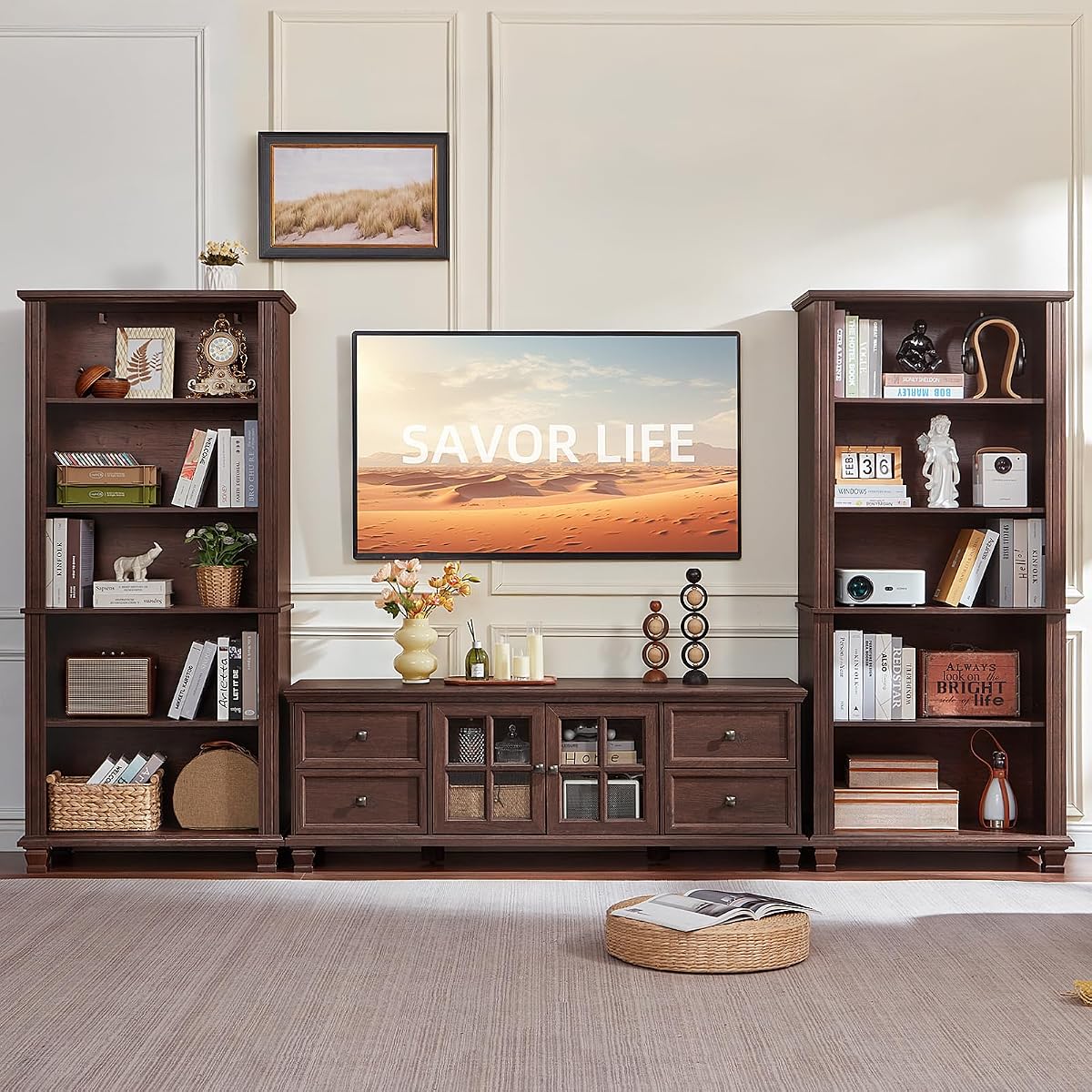 Farmhouse Entertainment Center with Bookshelves Set of 3, Walnut