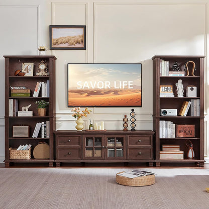 Farmhouse Entertainment Center with Bookshelves Set of 3, Walnut