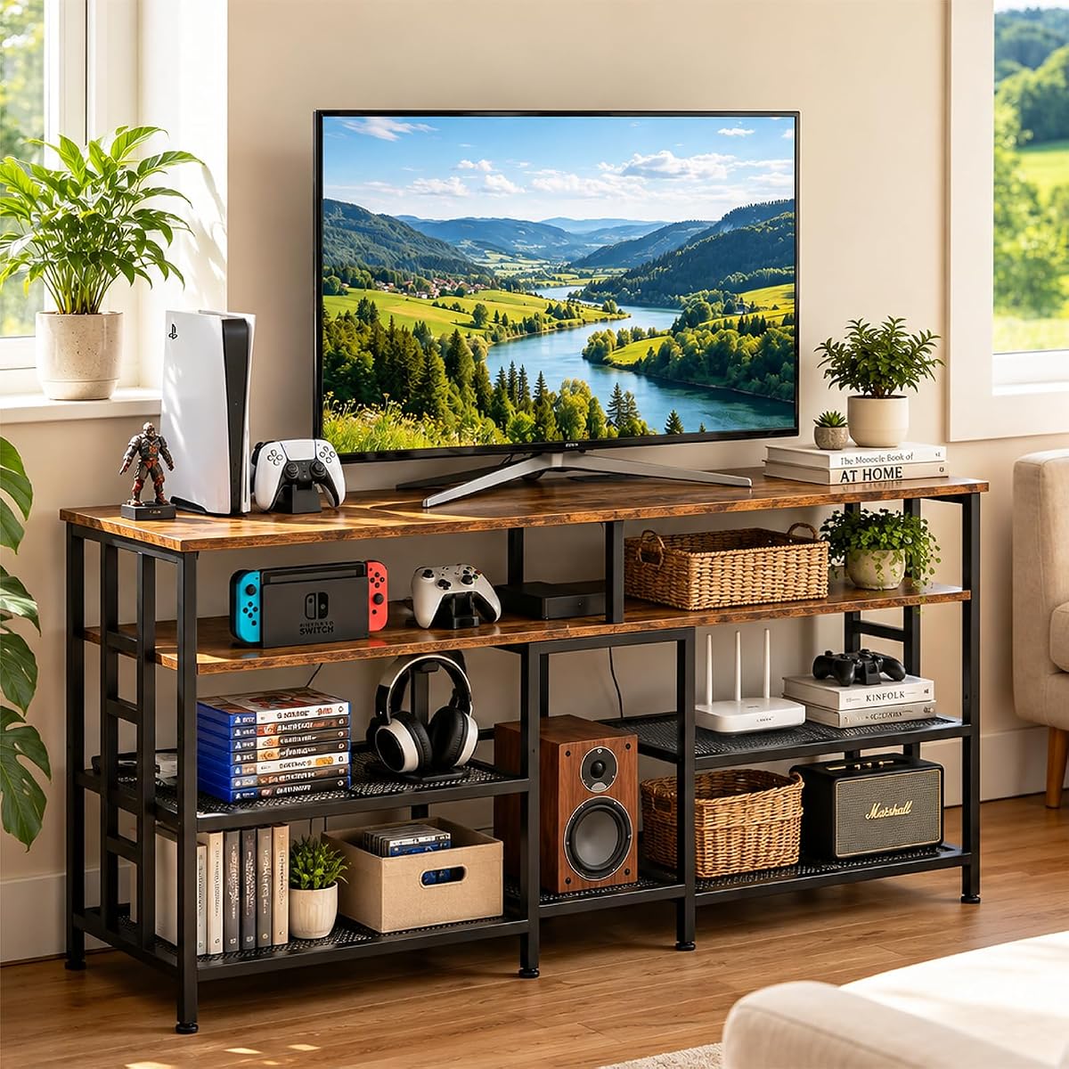55 Inch Wide TV Stand with Power Outlets, LED Strip Lights