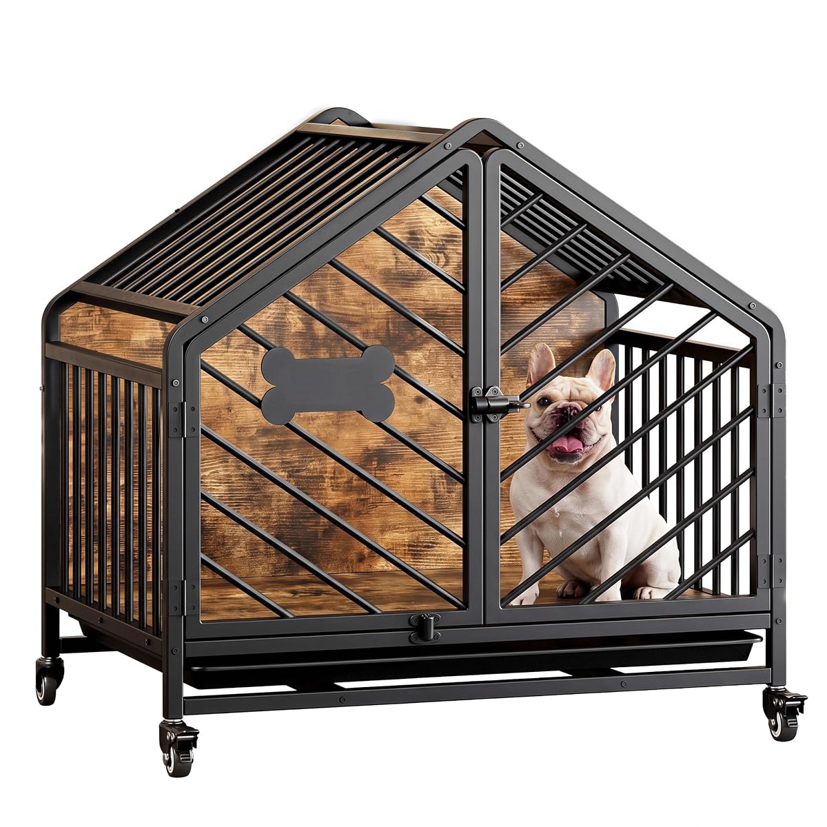 27.6" Dog Crate Furniture with Pull-Out Tray and Wheels