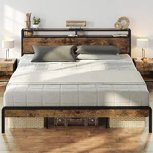 King Size Bed Frame, Platform Bed with 2-Tier Storage Headboard, view 2