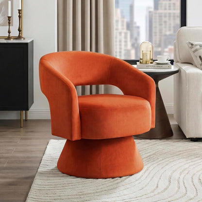 360 Degree Swivel Accent Chair, Modern Comfy Velvet Round Barrel Chair, Open Back, Plush Foam Cushions, Metal Swivel Base for Living Room/Bedroom/Office/Small Spaces, Orange