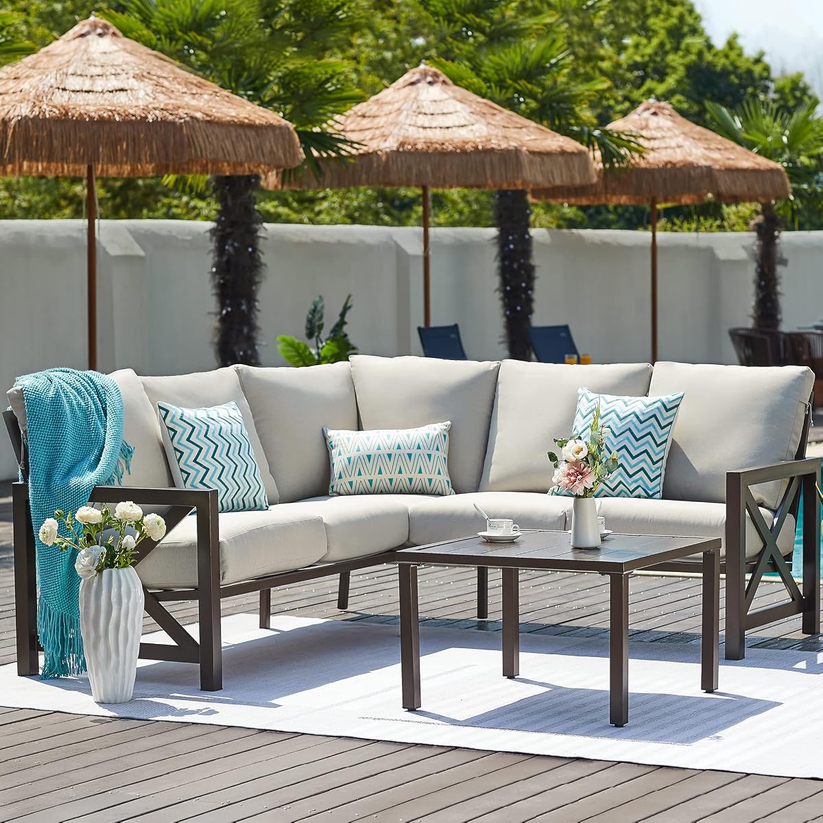 6 Pieces Patio Furniture Sets, Metal Outdoor Sectional Furniture L Shape Patio Conversation Sets,Highback Frame,Metal Table,Large Waterproof Cover, 6.5" Olefin Cushions