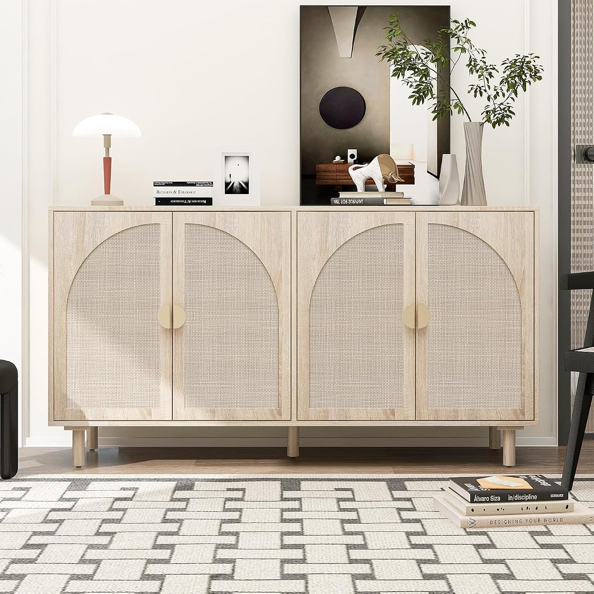 Sideboard Buffet Cabinet with Storage - Rattan 4 Door Cabinet, Accent Storage Cabinet with Cane Door, Boho Wood Credenza for Living Room, Kitchen (Beige)