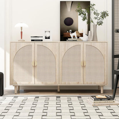 Sideboard Buffet Cabinet with Storage - Rattan 4 Door Cabinet, Accent Storage Cabinet with Cane Door, Boho Wood Credenza for Living Room, Kitchen (Beige)