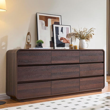 9 Drawer Dresser for Bedroom, Modern Curved Wood Chest of Drawers