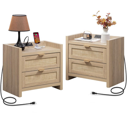 Rattan Nightstand Set of 2 for Bedroom, Bedside Table with Drawers