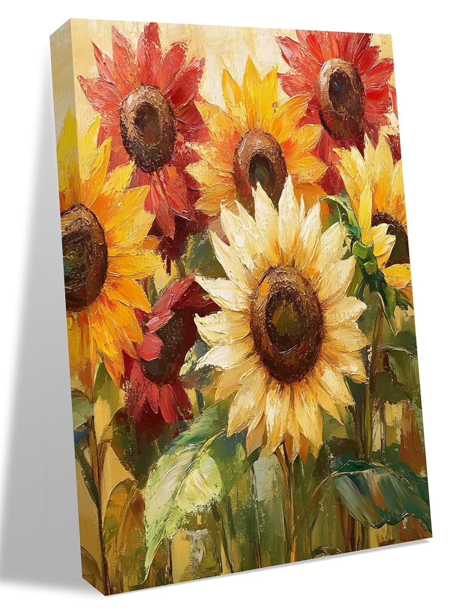NuYeBiofx Farm Sunflower Oil Painting Art Canvas Wall Art Prints,48"x32" Framed Picture Artwork Yellow Red Blossom Floral Leaf Printed Canvas Oil Painting for Living Room Bedroom Office,Ready to Hang