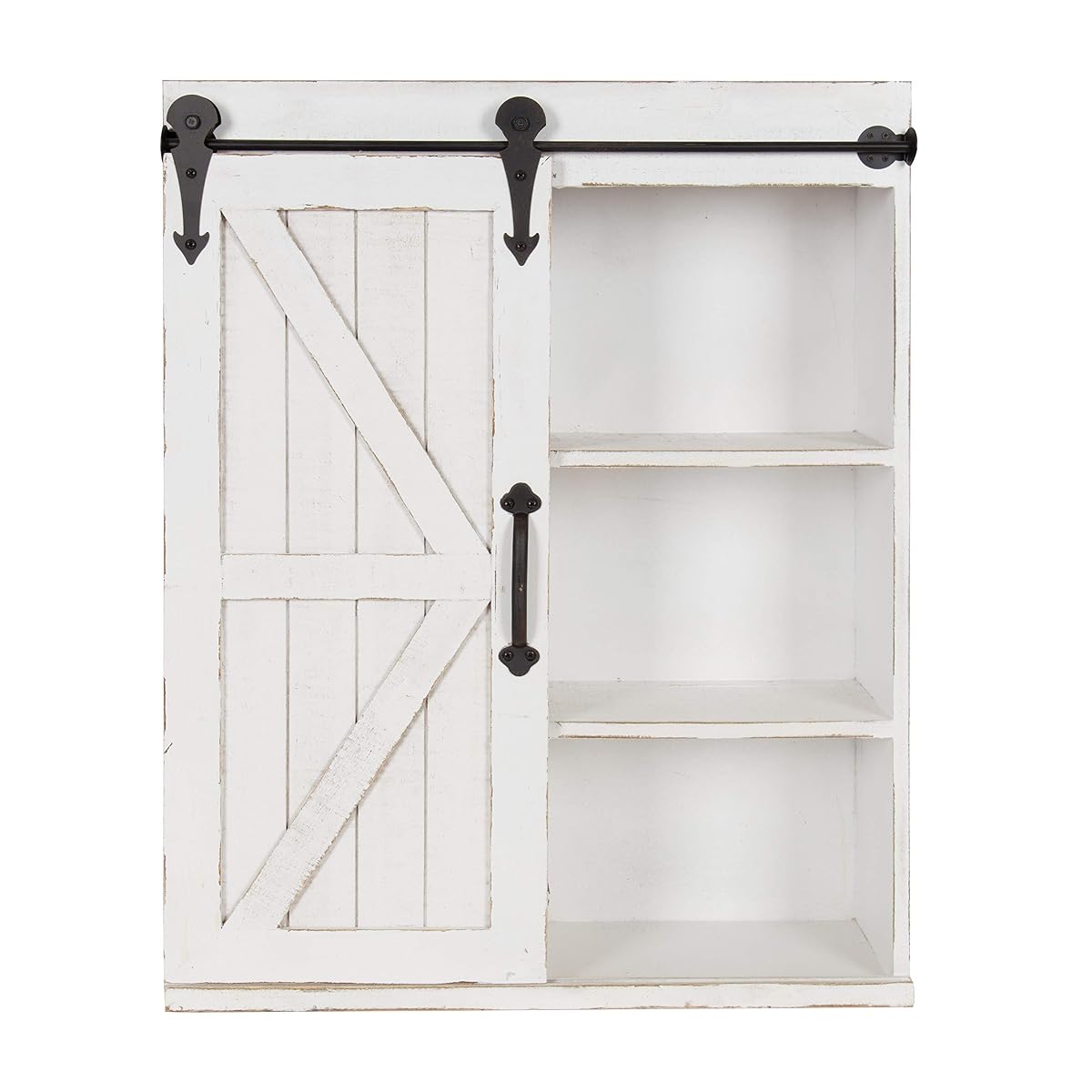 Cates Modern Farmhouse Decorative Wood Wall Storage Shelving Cabinet with Sliding Barn Door, Rustic White