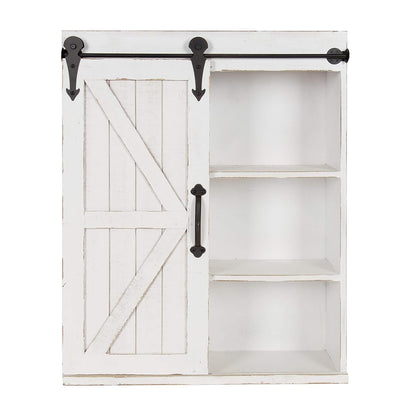 Cates Modern Farmhouse Decorative Wood Wall Storage Shelving Cabinet with Sliding Barn Door, Rustic White