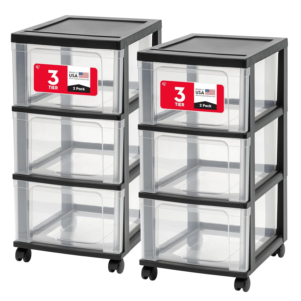 Plastic 3-Drawer Storage Organizer Rolling Cart, with Wheels Casters, 2-Pack, for Classroom Art Supplies Bathroom Dorm Bedroom Laundry Room, Slim Narrow, Black/Clear