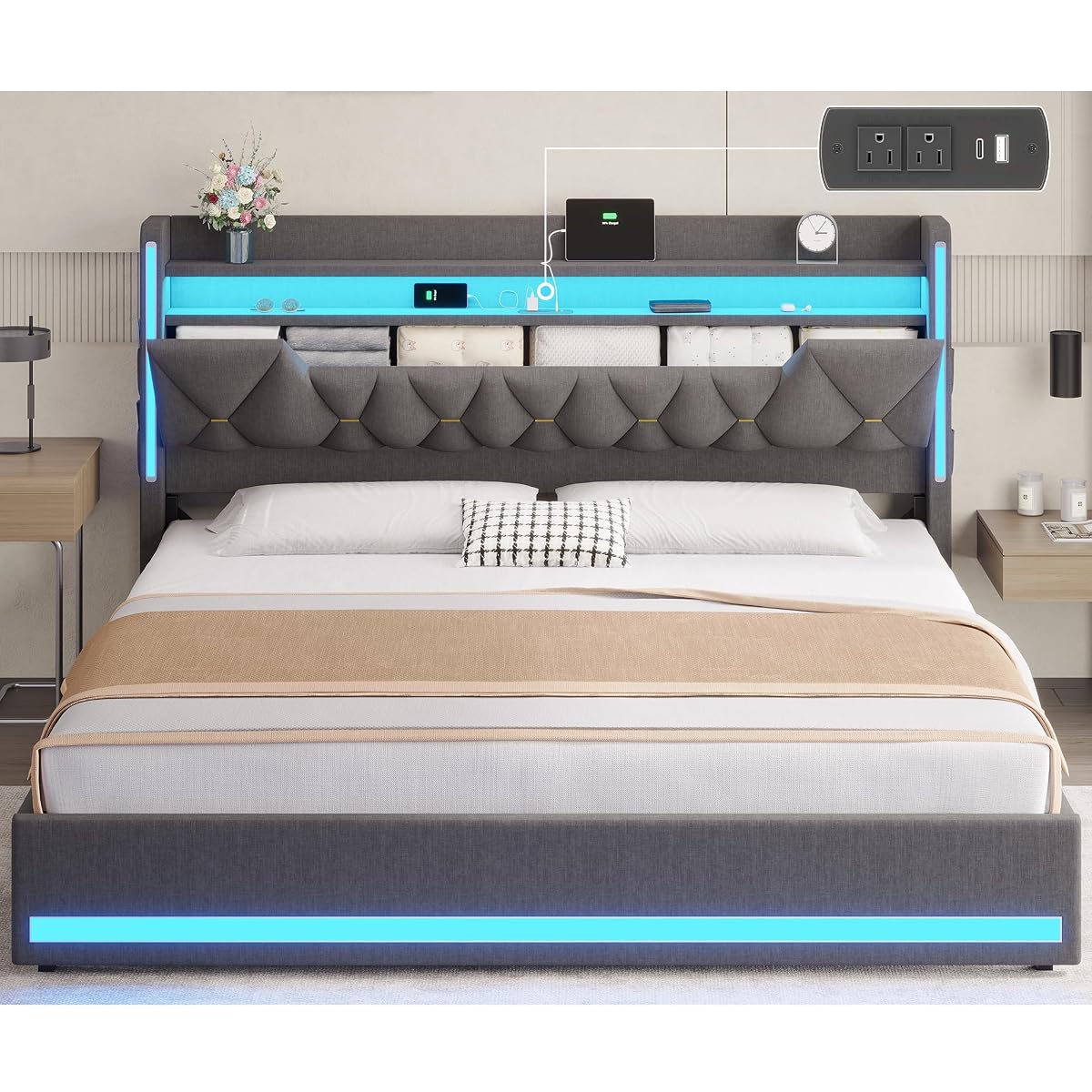 California King Bed Frames with Storage Headboard and LED Lights