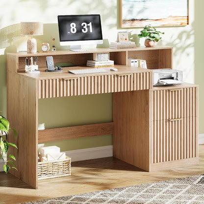 Fluted Computer Desk with Power Outlets, Home Office Desk with Drawers