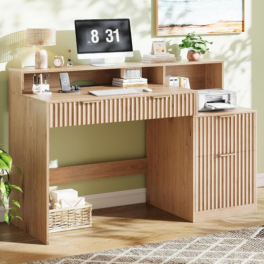 Fluted Computer Desk with Power Outlets, Home Office Desk with Drawers
