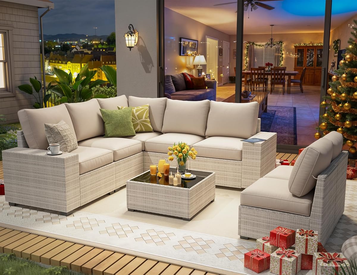 8 Piece Outdoor Patio Furniture Set, Outdoor Sectional Furniture, Rattan & Wicker Modern Modular Conversation Set Sofa Couch W/Water Resistant Washable Thick Cushions and Coffee Table, Beige