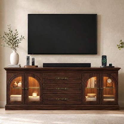 Mid Century Modern TV Stand for 70" TV, Power Outlets,Walnut Dark