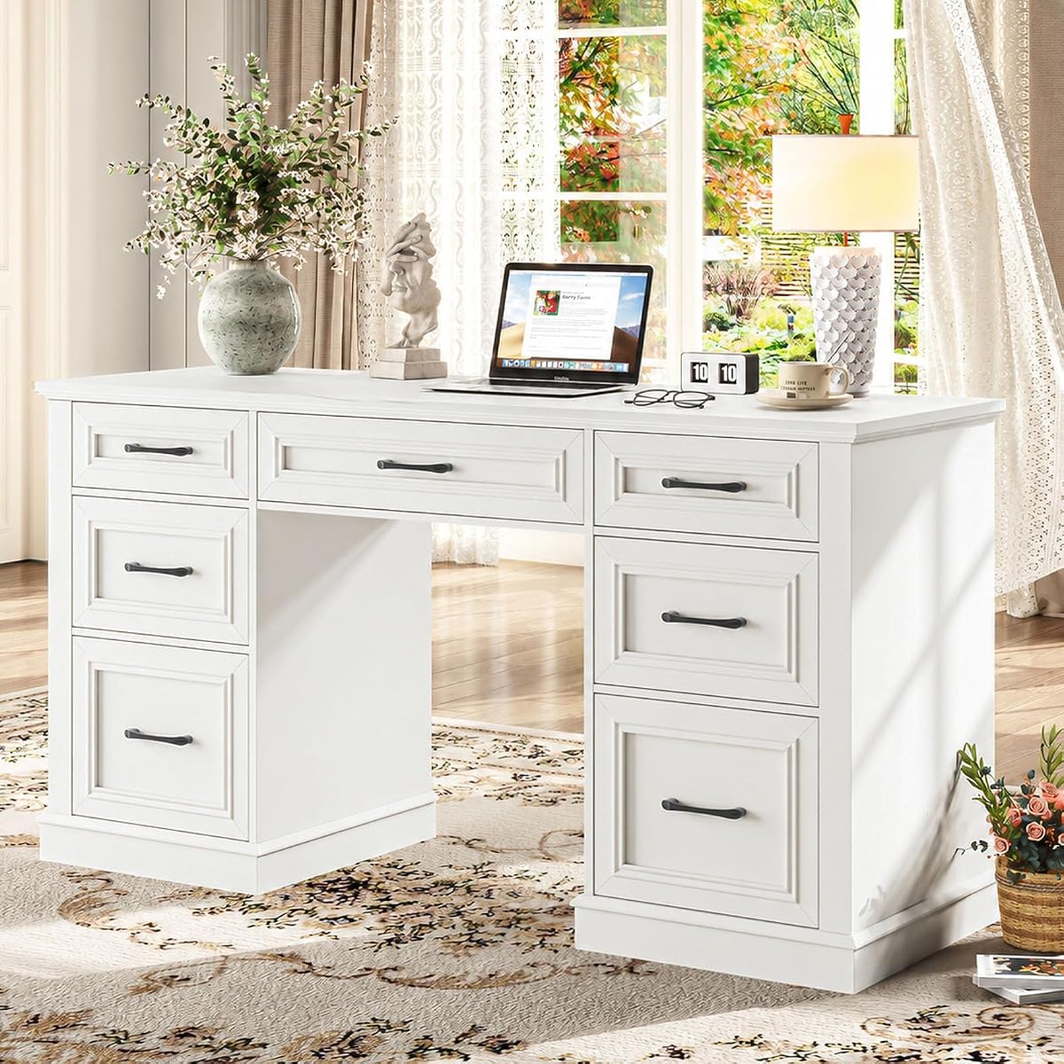 Farmhouse 59'' Executive Desk with File Drawers, Cream White
