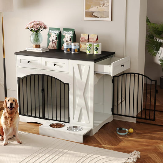 43.3" Farmhouse Dog Crate Furniture with 3 Drawers, White & Black