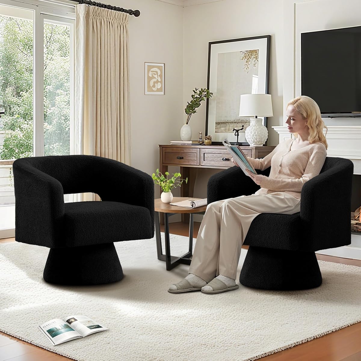 Swivel Barrel Accent Chair, Oversized Teddy Upholstered Round Swivel Chairs Set of 2, Modern Luxury 360° Living Room Vanity Chair for Bedroom Office&Living Room, Black