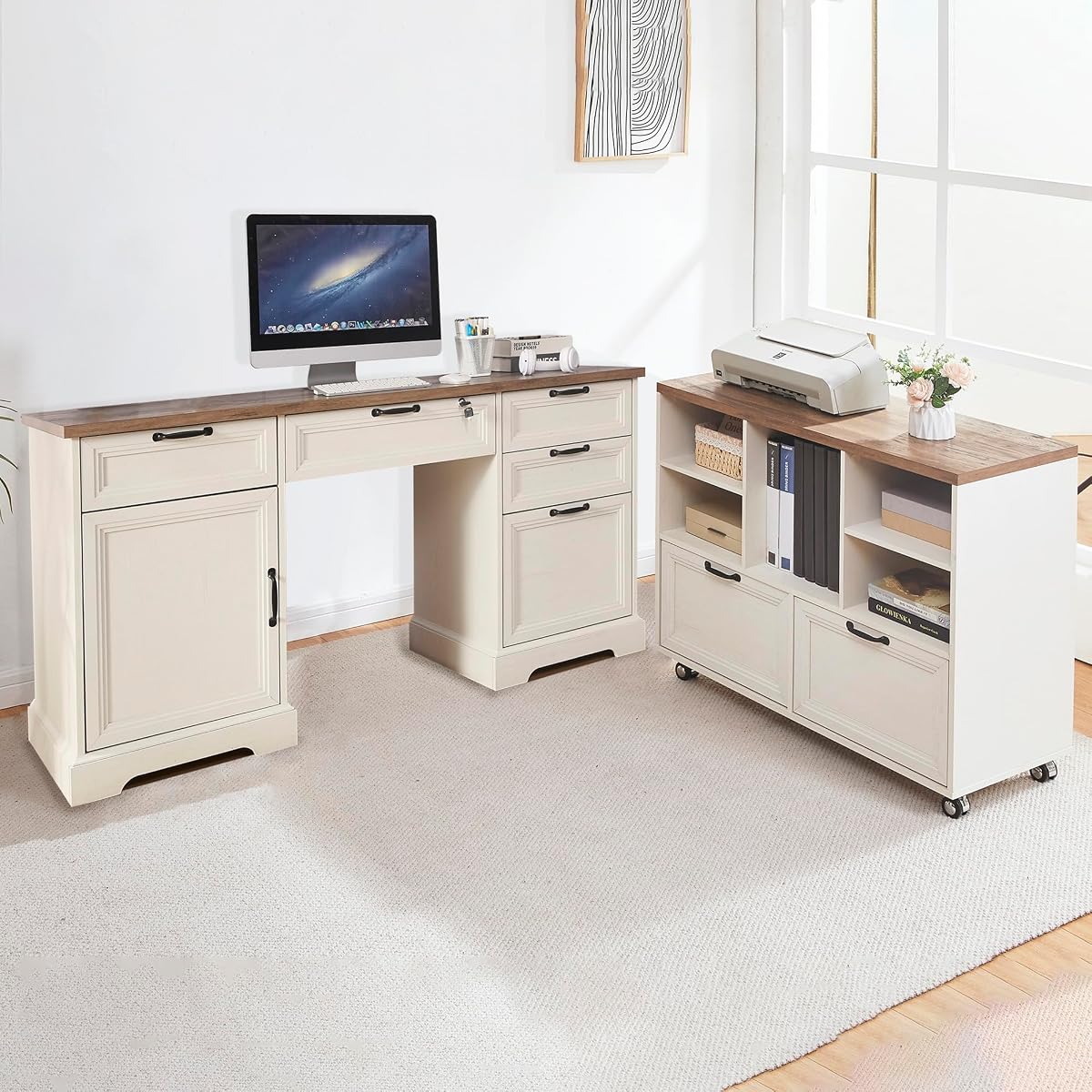 60" Farmhouse Executive Desk with 40" Mobile File Cabinet