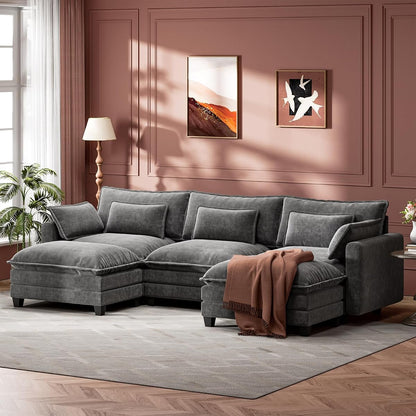 Modular Sectional Sofa 110.6" U-Shaped Modern Comfy Cloud Couch, 5-Seat Chenille Deep Seat Sofa with Throw Pillow & Movable Ottoman for Living Room, Bedroom and Apartment, Slate Gray