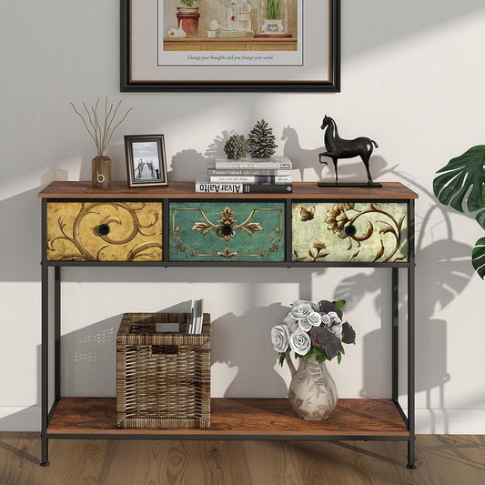 Entryway Console Table with 3 Retro Flowers Fabric Drawers Boho Narrow Long Behind Couch Sofa Table with Bottom Open Storage Shelf for Hallway Living Room Foyer (Retro Flower, 3 Drawers)