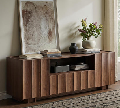 61" Mid Century Modern TV Stand with Storage, Wave Design, Walnut