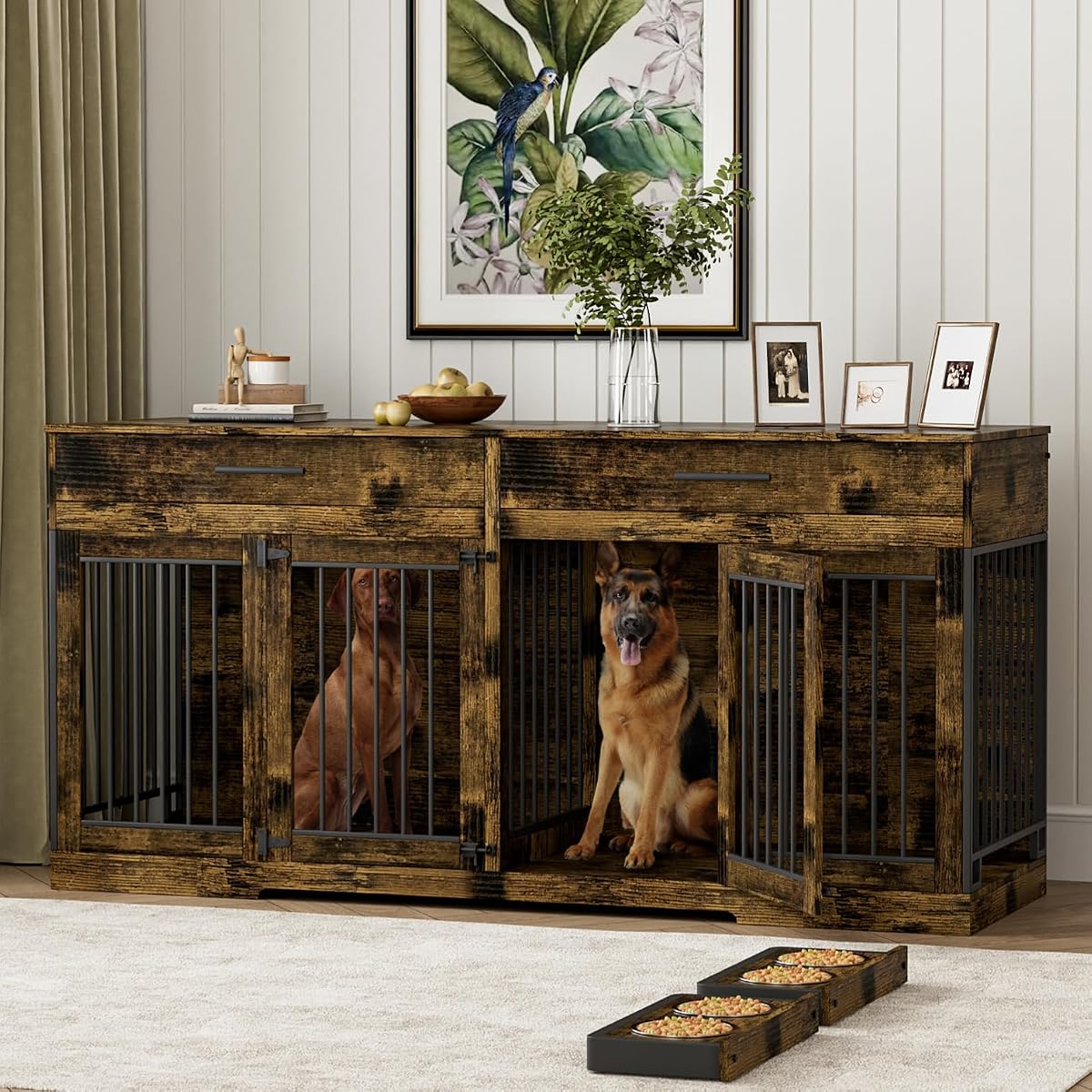 72" Double Dog Crate Furniture with Drawers and Divider, Brown