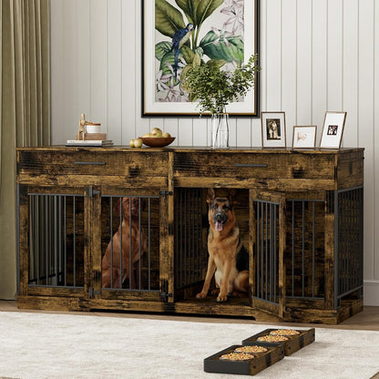 72" Double Dog Crate Furniture with Drawers and Divider, Brown