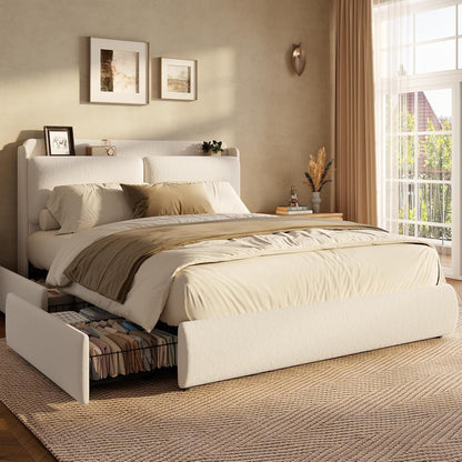 Chenille Fabric Queen Size Bed Frame with 2 Storage Drawers - Beige