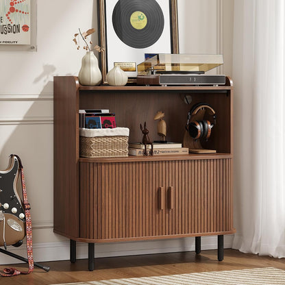 Mid Century Modern Record Player Stand with Charging Station,Walnut