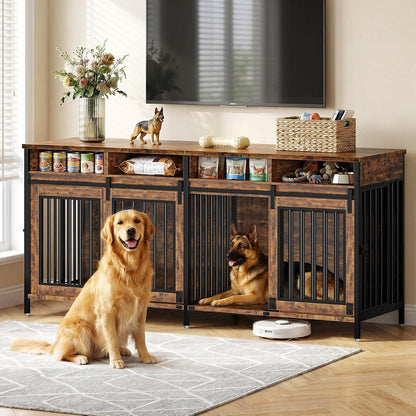 78.7" Dog Crate Furniture with Removable Divider and Drawers