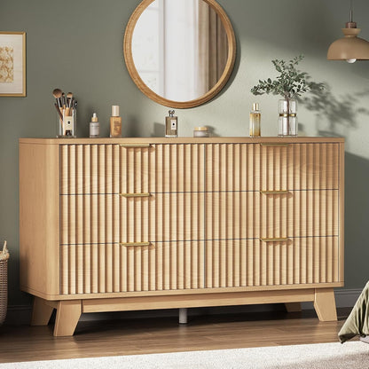 Fluted 6 Drawer Dresser for Bedroom, Modern Chest of Drawers with Metal Handle