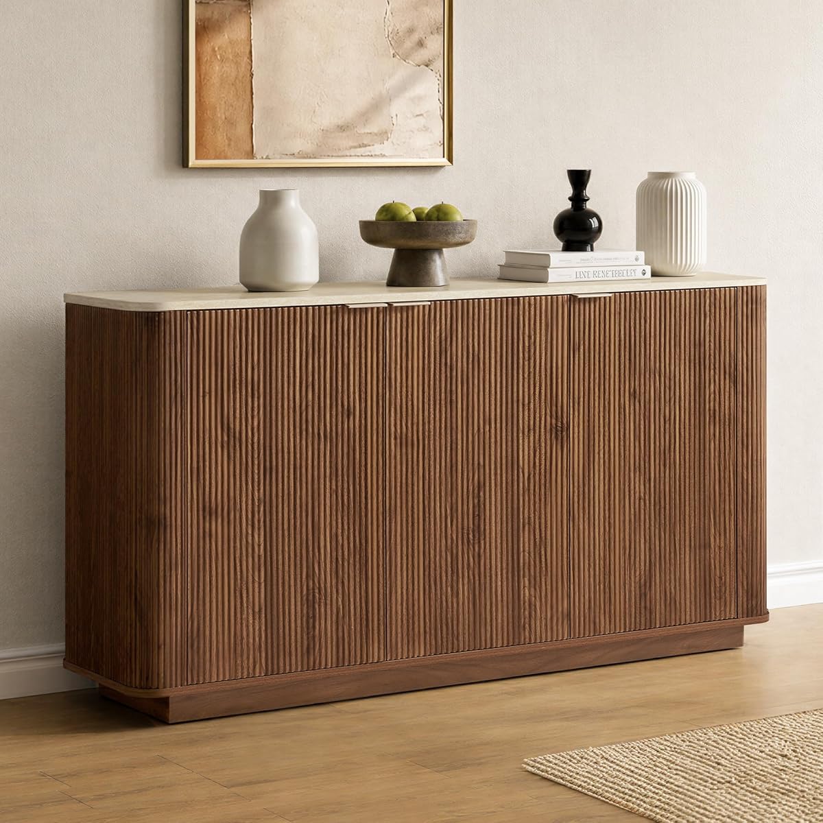 55" Fluted Buffet Sideboard with Storage Cabinet, Walnut